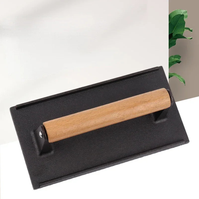 DecorBites™ Heavy Cast Flat Iron Steak Weight with Wooden Handle