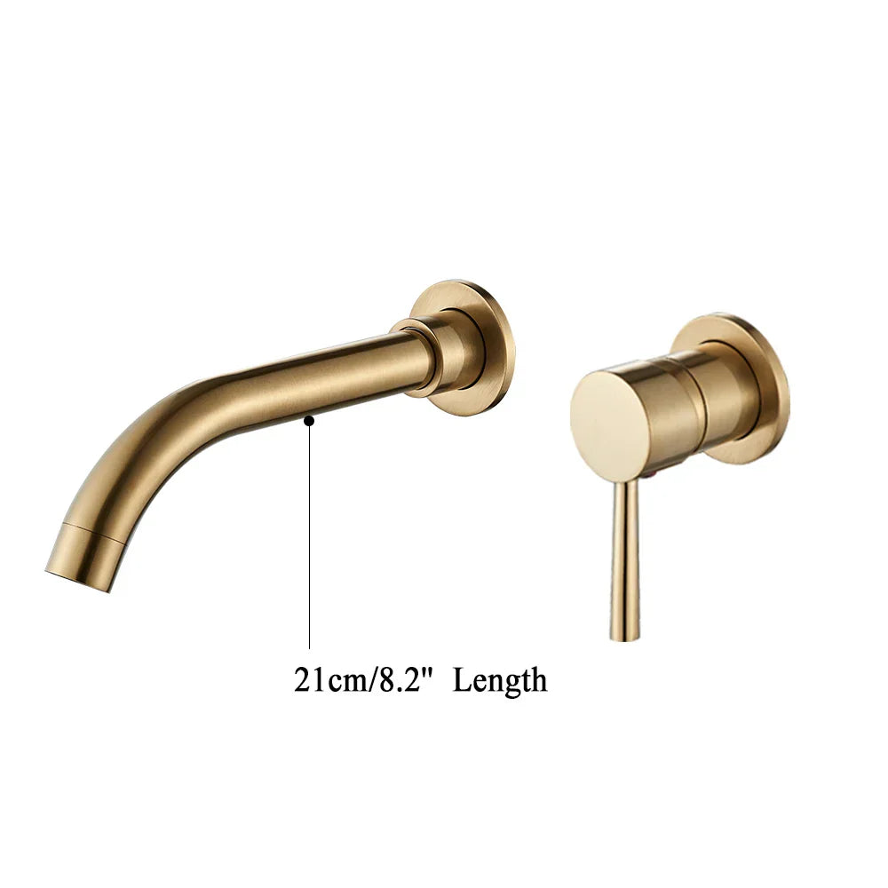 Grifo de baño de latón dorado Decorbites™ con manija de palanca moderna, montaje en pared para fregadero