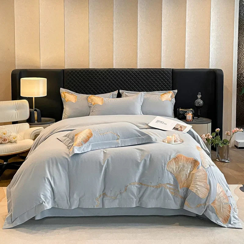 Juego de Ropa de Cama con Bordado de Hoja de Ginkgo Oro Decorbites™ - Lujo 100% Algodón 4 Piezas