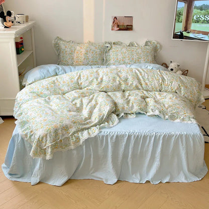 Decobites Korean Lace Ruffles Bedding Set with Bed Skirt, Soft Skin-Friendly Material