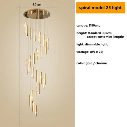 DecorBites™ Gold Chrome Steel Crystal Pendant Lights with Dimmable LED for Villa Stair