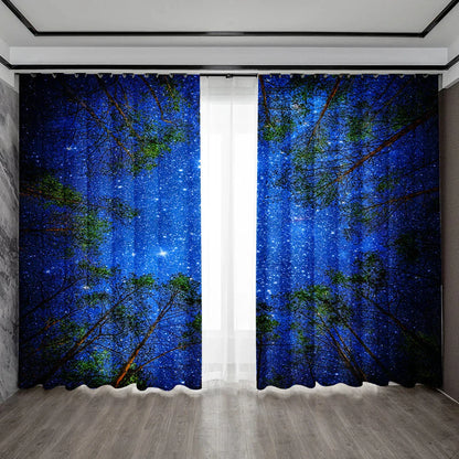 Decobites Dark Blue Forest & City Night View Modern Printed Curtains