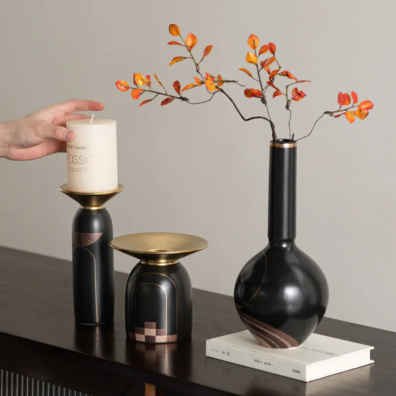 DecorBites™ Golden Tray Vase Candlestick Set - Elegant Home Decor & Flower Arrangement Accessories