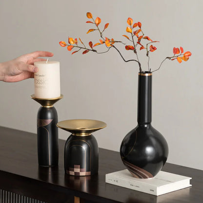 DecorBites™ Golden Tray Vase Candlestick Set - Elegant Home Decor & Flower Arrangement Accessories
