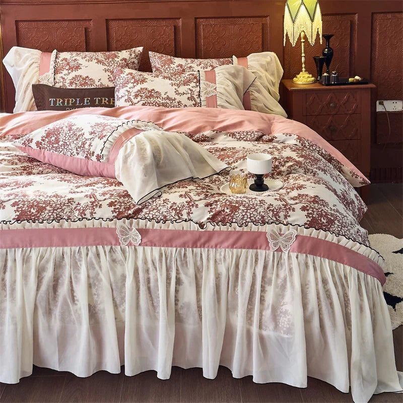 Decobites Exquisite Lace Ruffle Butterfly Egyptian Cotton Bedding Set