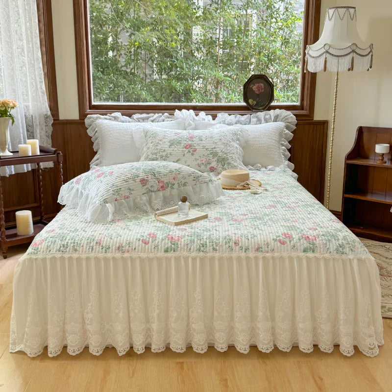 Decobites Lace Ruffles Bed Skirt Set with Pillowcases for 1.2-2M Beds