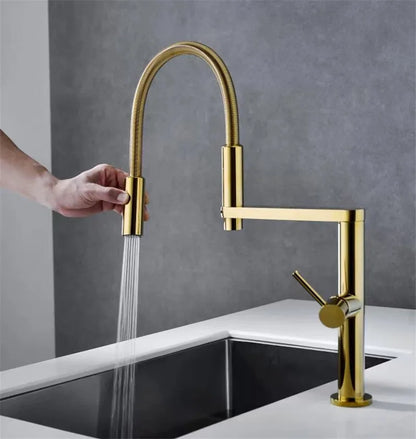 DecorBites™ Gold Brass Kitchen Faucet with Foldable Pull Down Spring Spout Mixer Tap