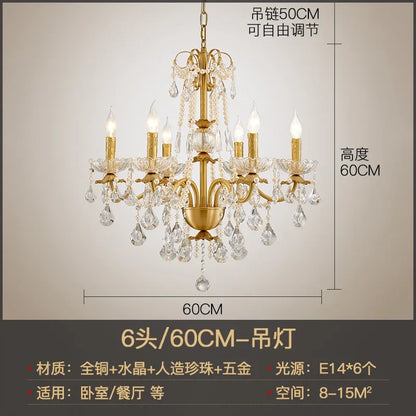 DecorBites™ Gold Brass Crystal Chandelier for Living Dining Bedroom, Retro Candle Lights Pendant Lamps