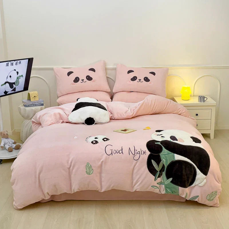 Decobites Pink Panda Applique Embroidery Bedding Set Double Queen Duvet Cover Bed Sheet Pillowcases