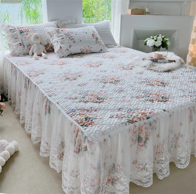 Decobites French Floral Print Bedding Set: Duvet Cover, Lace Ruffles, Quilted Embroidery, Pillowcases