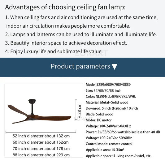 DecorBites™ 60" Solid Wood DC Ceiling Fan Without Light & Remote Control