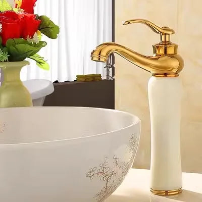 Decorbites™ Grifo de Lavabo de Baño en Oro, Jade y Latón | Montado en Cubierta Mezclador de Agua Caliente y Fría