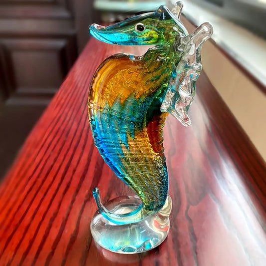 DecorBites™ Hand Blown Glass Seahorse Figurine, Crystal Animal Craft Collection Display