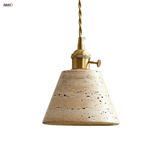 Lámpara colgante DecorBites™ con interruptor de perilla LED, travertino amarillo, cobre, estilo Wabi Sabi.
