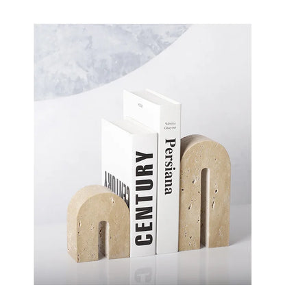 DecorBites™ Beige Travertine Stone Bookends - Luxury Vintage Book Holder Decor