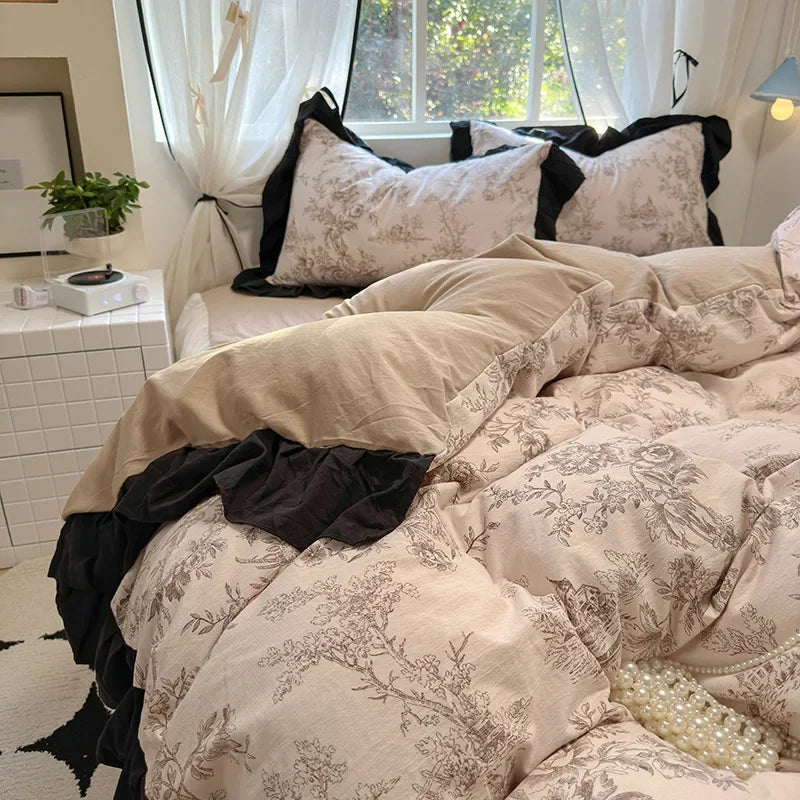 Juego de funda nórdica DecorBites™ de algodón lavado francés con estampado floral de princesa - Ropa de cama floral de primavera