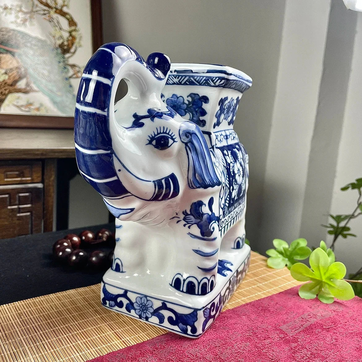 DecorBites™ Elephant Statue, Blue & White Ceramic Table Accessory, Home Decor