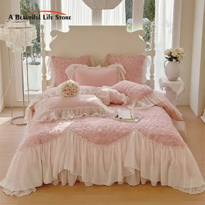 Decobites Pink Rose Flowers Lace Ruffles Bedding Set, Duvet Cover, Sheet, Pillowcases