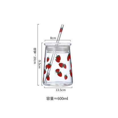 DecorBites™ Glass Cup Set with Lip Straws for Cold Drinks, Handmade, 600ml Strawberry Flavor