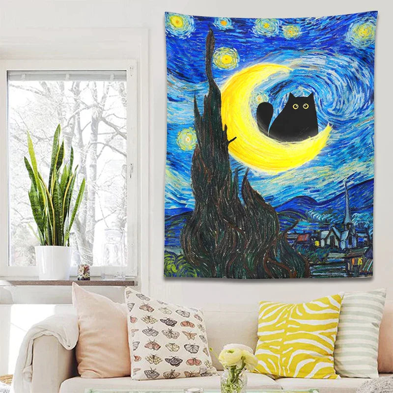 Decobites Starry Night Cat Tapestry Moon Cat Art Blanket Wall Hanging