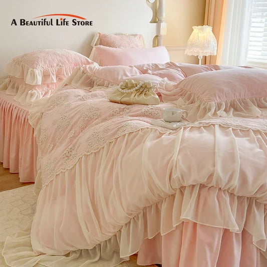 Decobites Pink Chiffon Lace Ruffles French Princess Bedding Set - 6-Piece Queen Size