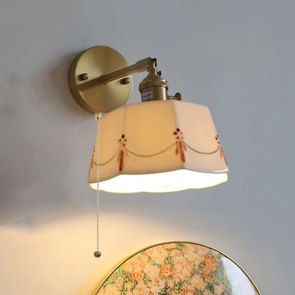 DecorBites™ Ceramic Brass LED Wall Light Fixture Pull Chain Switch Bedside Sconce