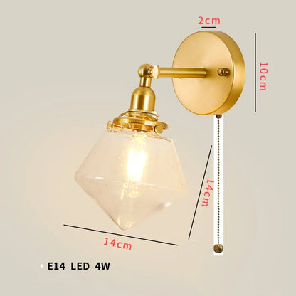 DecorBites™ Clear Glass LED Mirror Light Pull Chain Copper E14 Wall Lamp