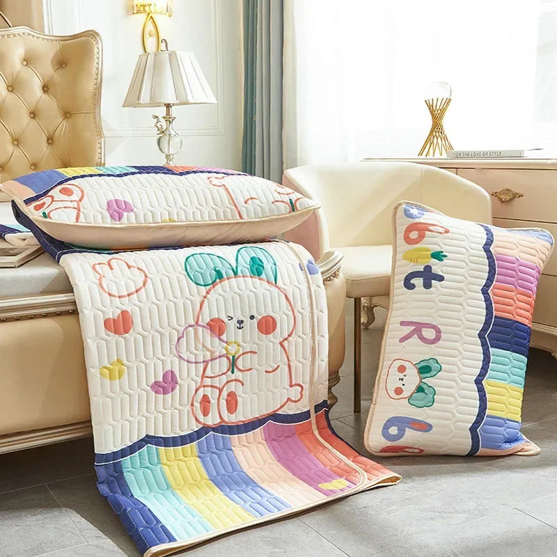 DecorBites™ Cartoon Print Silky Mattress Set: 4-Layer Quilted Breathable Cushion