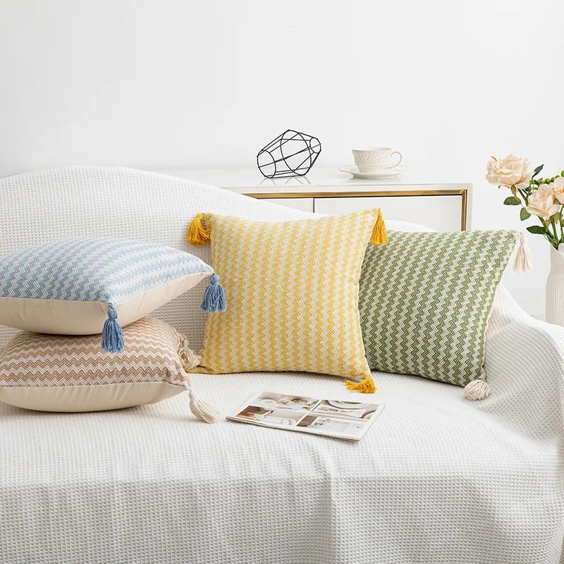 DecorBites™ Jacquard Woven Cushion Cover with Tassels - Modern Minimalist Striped Design