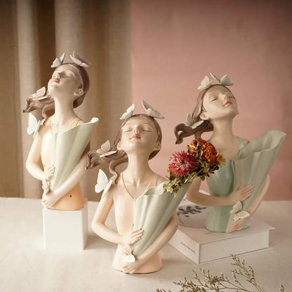 DecorBites™ Estatua de niña mariposa rosa de 30 cm en jarrón, figura decorativa moderna de resina para el hogar