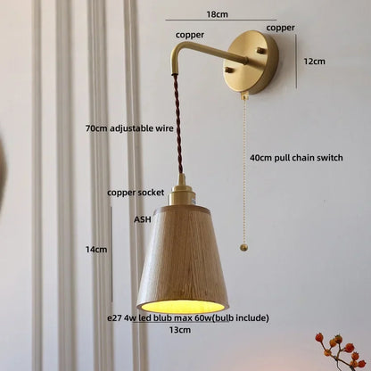 DecorBites™ Ash Wood LED Wall Lamp with Pull Chain Switch for Home Decor