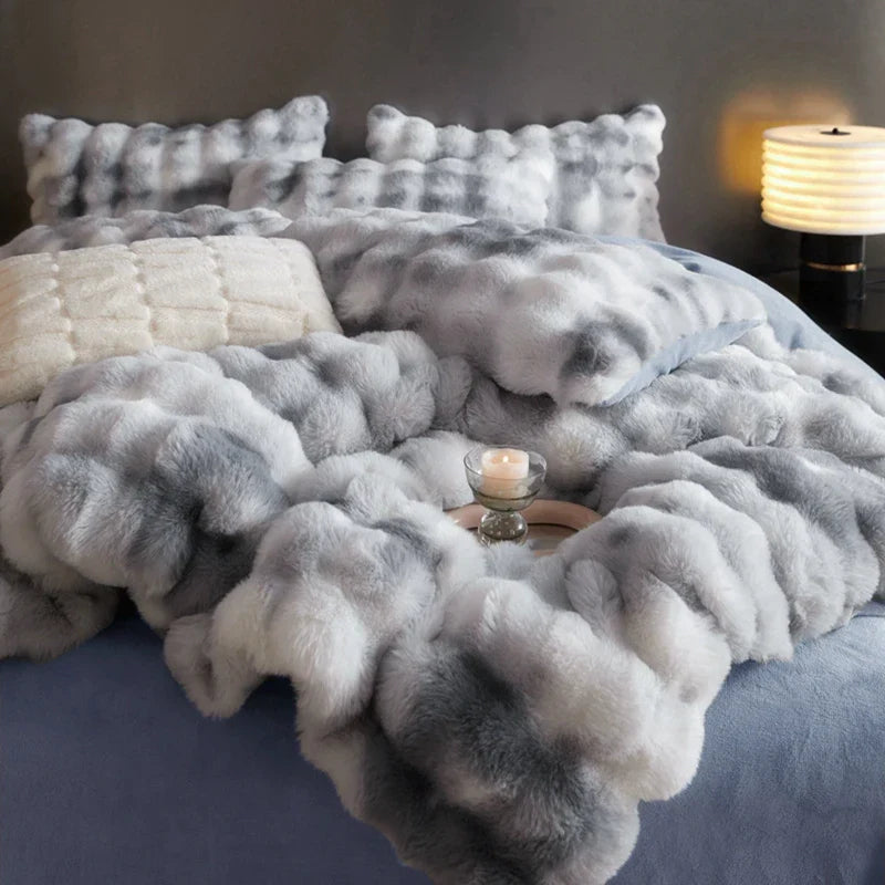 DecorBites™ Gradient Blue & Grey Faux Rabbit Fur Bedding Set: Velvet Fleece Duvet, Sheets, Pillowcases
