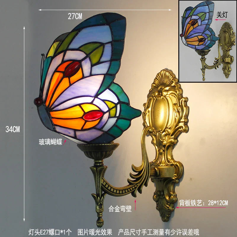 DecorBites™ Butterfly Glass Sconces LED Wall Lamps Tiffany Mediterranean Bedroom Lighting