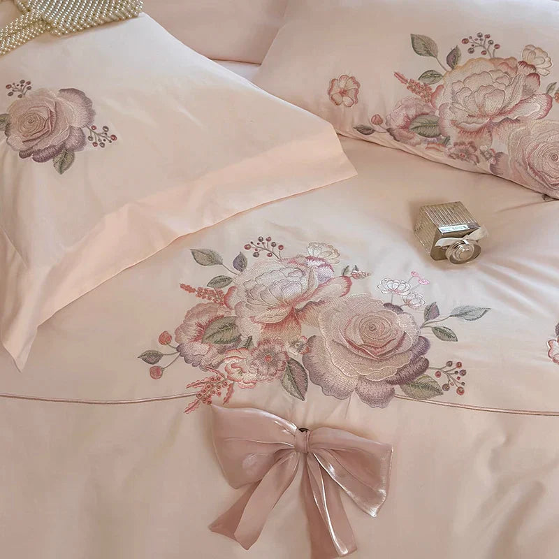 Decobites Flowers Embroidery Bow Wedding Bedding Set - Single Queen King Size Cotton Duvet Cover Bed Sheet Pillowcases