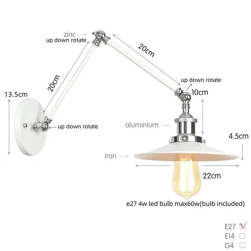Decorbites™ Industrielle Linse Vintage-Loft-LED-Wandleuchte mit Schwingarmen und Zugschalter