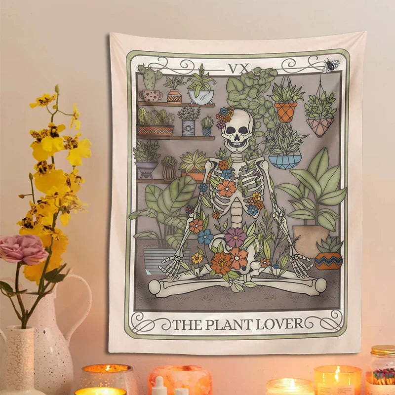 Decobites Plant Lover Tarot Card Tapestry | Botanical Skeleton Witch Wall Hanging