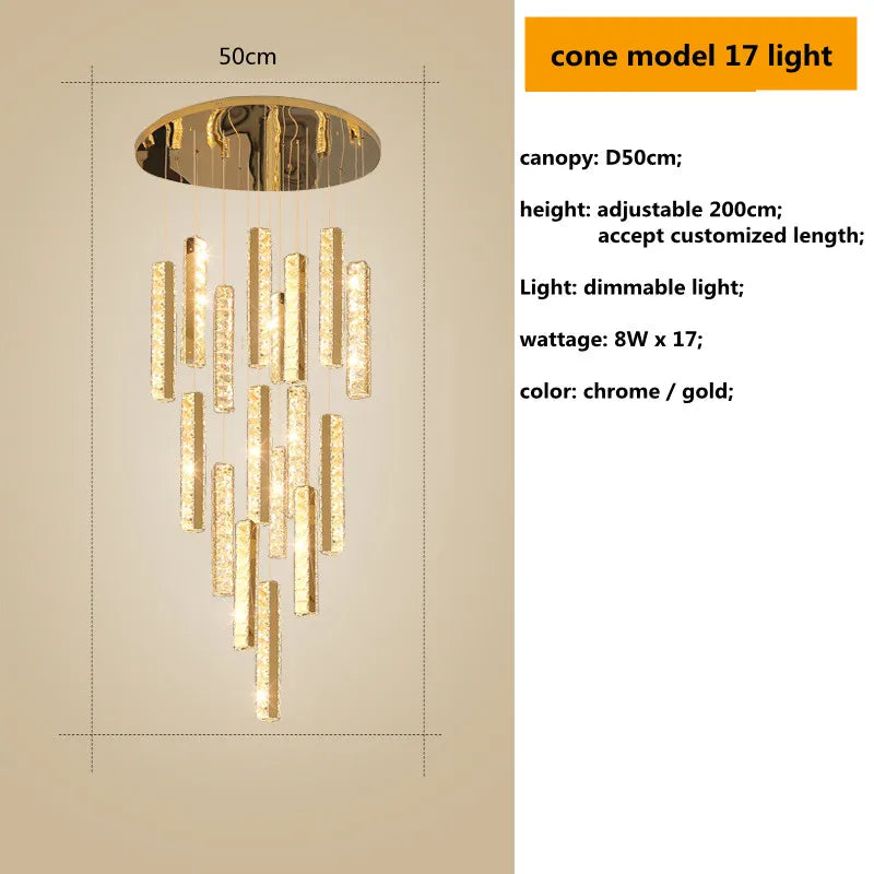 DecorBites™ Gold Chrome Steel Crystal Pendant Lights with Dimmable LED for Villa Stair