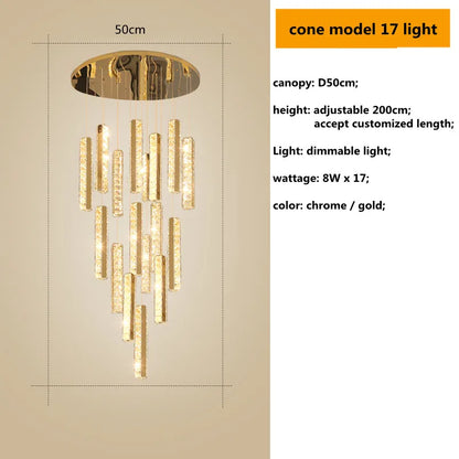 DecorBites™ Gold Chrome Steel Crystal Pendant Lights with Dimmable LED for Villa Stair