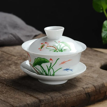 DecorBites™ Lotus Hand-Drawn Gaiwan Tea Set - White Porcelain Jingdezhen Teapot Puer Cup