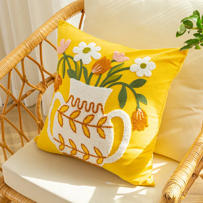 DecorBites™ Elegant Yellow Vase Flower Cushion Cover - 45x45cm