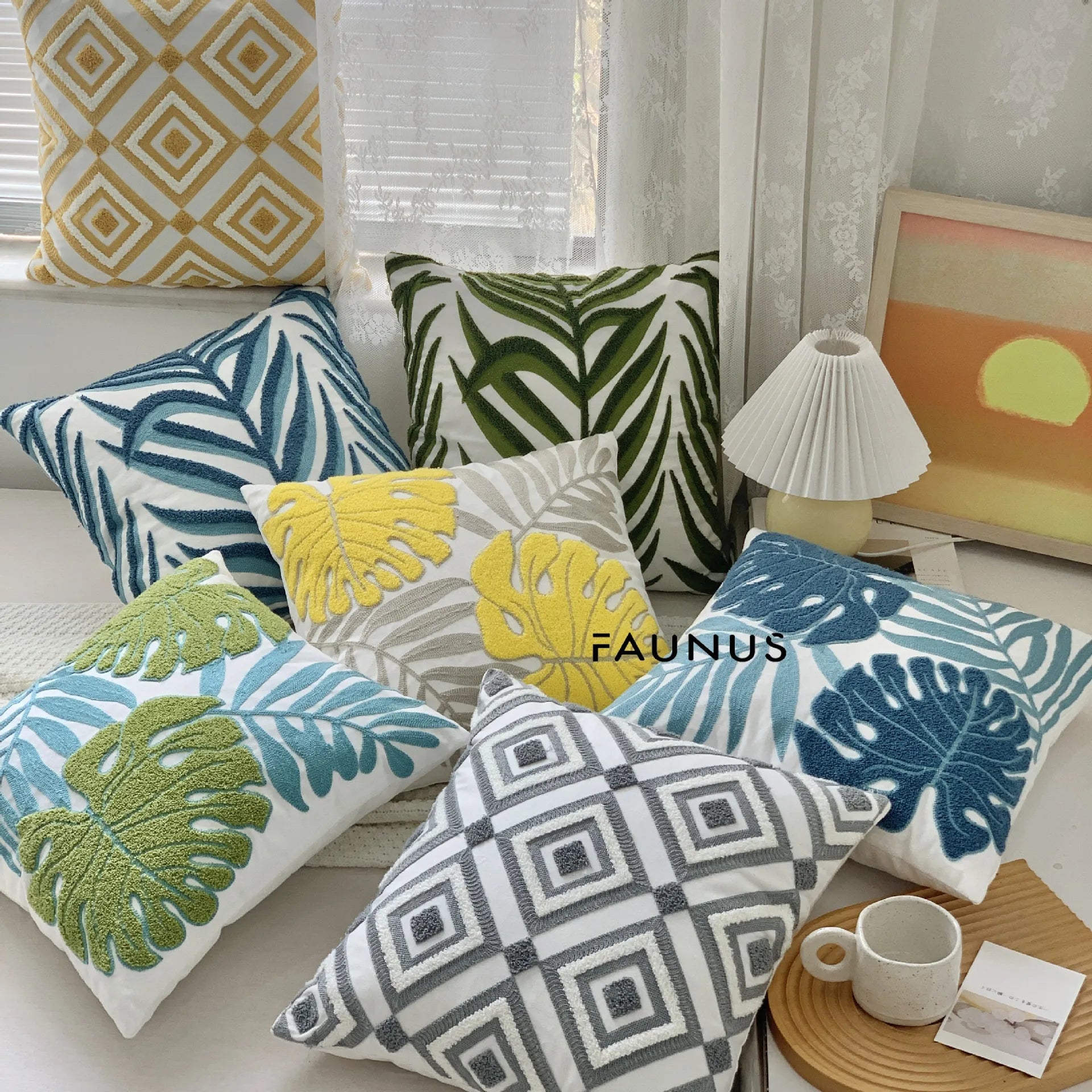 Leaf Embroidered Cotton Cushions