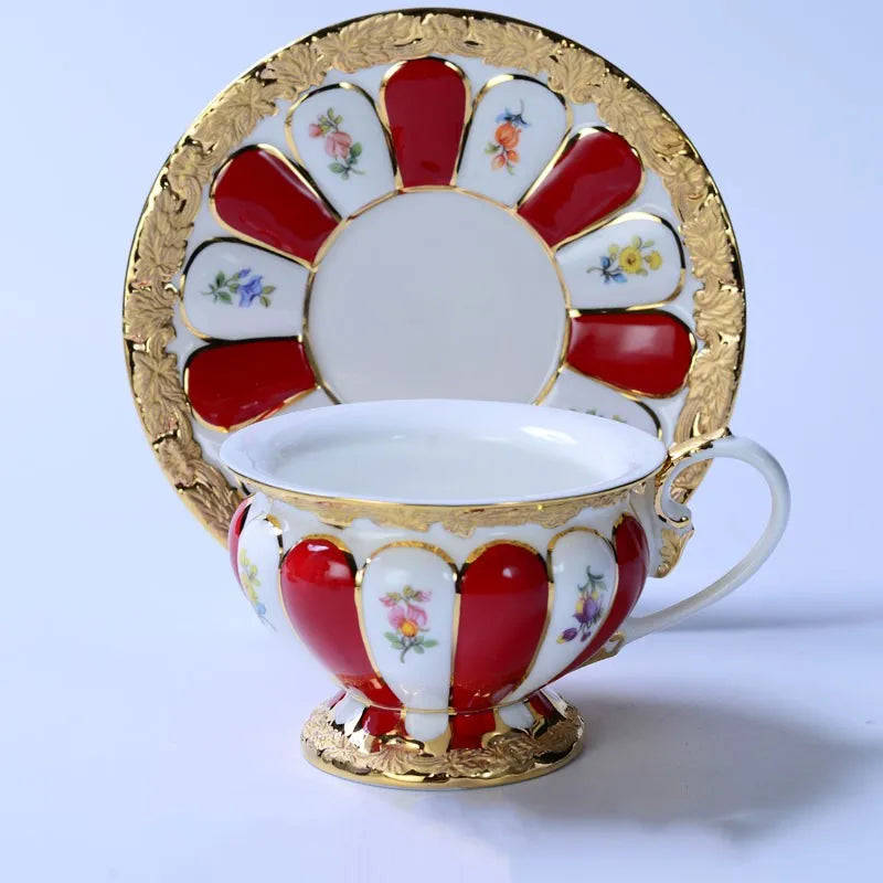 DecorBites™ Embossed Gold Bone China Tea Cup Saucer Set, German Design Drinkware