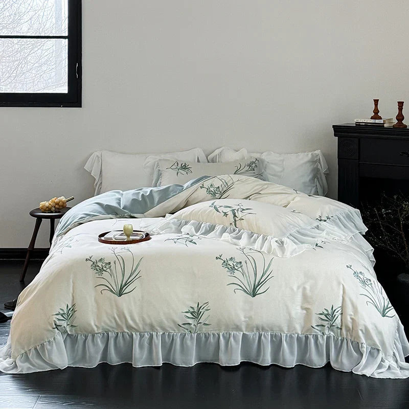 DecorBites™ Lace Ruffles Princess Cotton Bedding Set, Floral Quilt Cover, Girls Wedding Home Textiles