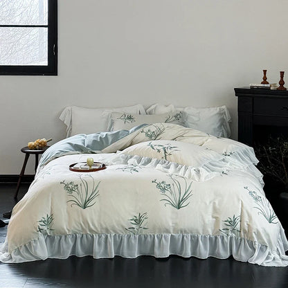 DecorBites™ Lace Ruffles Princess Cotton Bedding Set, Floral Quilt Cover, Girls Wedding Home Textiles