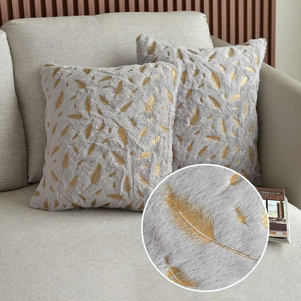 DecorBites™ Gold Feather Velvet Cushion Cover 45x45 Decorative Throw Pillows for Sofa Car