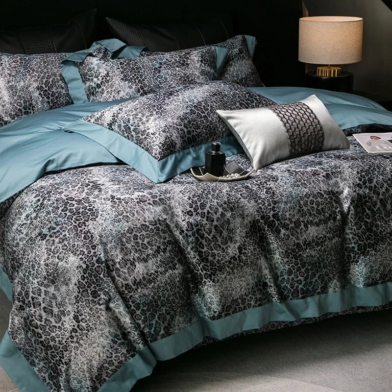 Decobites Feather Leopard Print Luxury 1000TC Egyptian Cotton Bedding Set