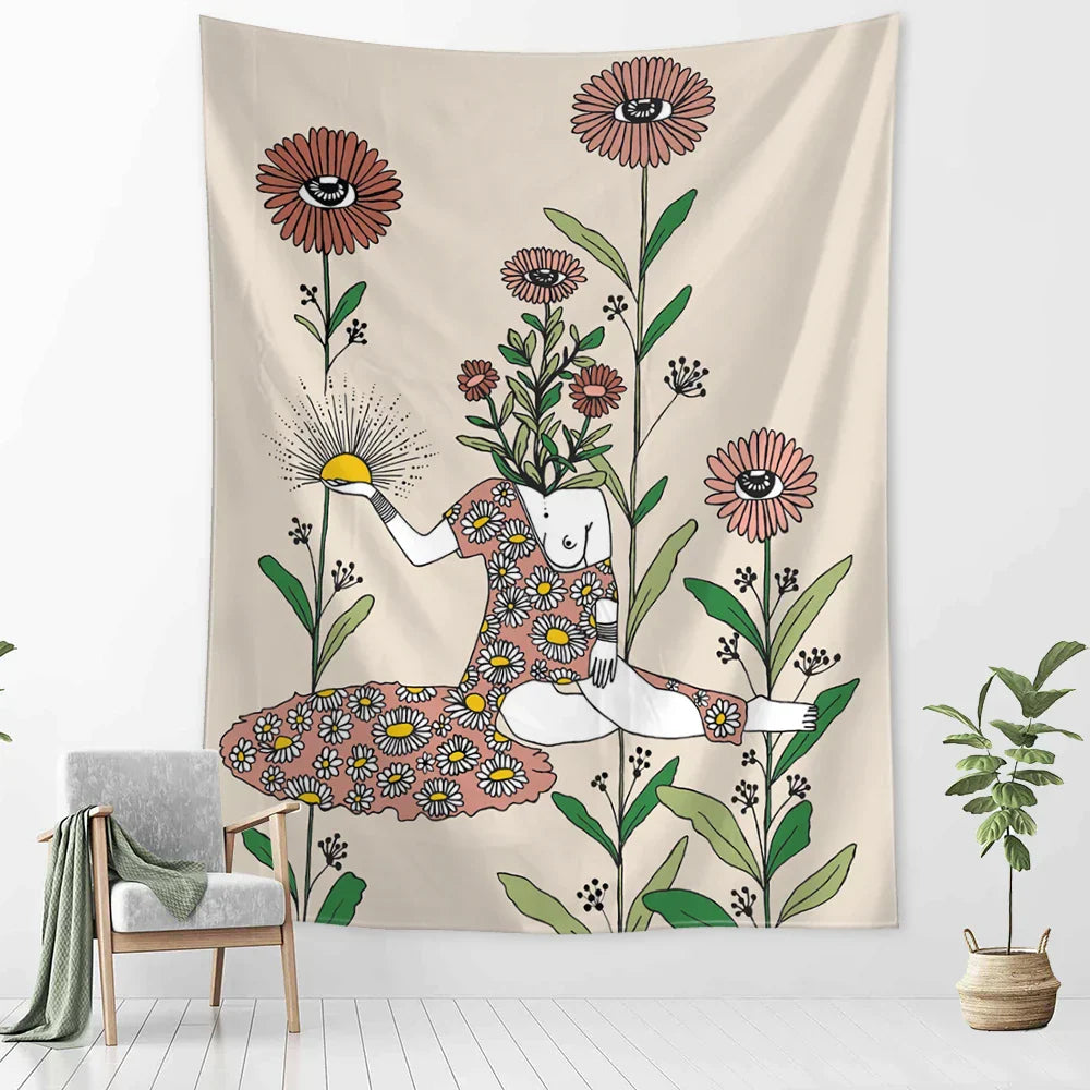 Decobites Botanical Girl Tarot Astrology Tapestry Wall Hanging for Boho Wicca Aesthetic Decor