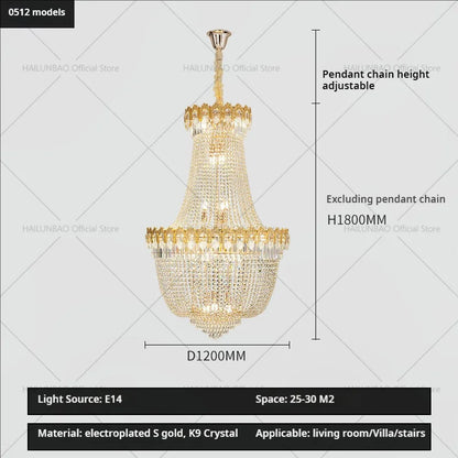 DecorBites™ Crystal Chandelier: Luxury Duplex Hotel Living Room Stairwell Design