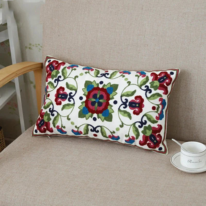 DecorBites™ Ethnic Floral Canvas Cotton Embroidered Lumbar Pillow Case 30x50cm