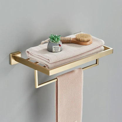 DecorBites™ Brushed Gold Bathroom Set: Towel Bar, Robe Hook, Shelf, Tissue Holder & Accessories